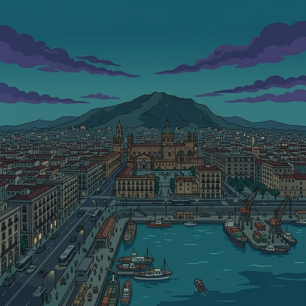 Panorámica nocturna de Palermo, puerto y ciudad bajo control territorial